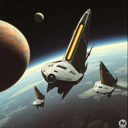 Sci-fi oddly shaped spaceship with a vertical ring shaped gravity drive propulsion in shipping lanes between two terraformed concave planets, by Syd Mead, by Norman Bel Geddes, by Petros Afshar, sci-fi illustration, intricate and detailed textures, unique, space travel fantasy