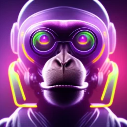 A beautiful portrait of a cyborg monkey purple neon color scheme, high key lighting, volumetric light high details psychedelic background