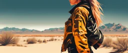 a grumpy cyberpunk girl standing in overdrive in the Mojave desert, side view, impasto, minimal, splash art, wide angle, centered, distant horizon, spacious scene, harsh contrasts, scattered tint leaks, sparse thick brushstrokes, glitch distortion, warm colors of sand yellow, beige, orange and black