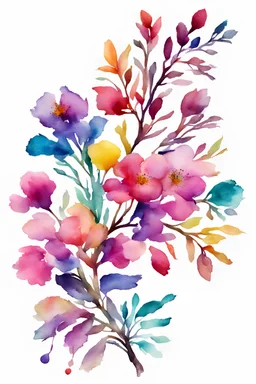 floral branch with pink, purple, yellow,red, turquoise water color on white background