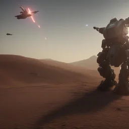 Armored Core machine robot fights another Armored Core fly in the sky in the desert with the ocean where you can see the space in the sky with the twilight on the horizon, 4k resolution