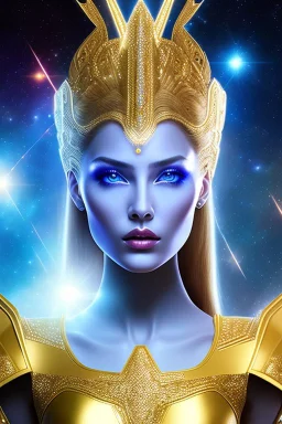 Beautiful tall woman Pleiadian galactic commander, ship, perfect detailed face, detailed golden galactic suit, high rank, long blond hair, hand with five perfect detailed fingers, amazing big blue eyes, smiling mouth, high definition lips, cosmic happiness, bright colours, blue, pink, gold, jewels, realistic, real photo, bright and sunny background, very detailed, high contrast, high definition 8k, pixel 512X512, unreal engine 5, extremely sharp details, light effect, br