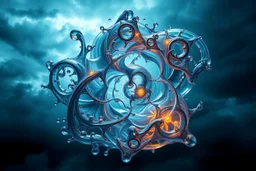 Dynamic complex hypnotic fractal 3D Symmetrical structures twisting and morphing between organic and geometric forms , smooth translucent iridescent glass with inner glow and bubbles, varied transparent materials, stormy skies, intense dramatic