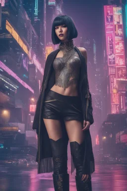 full-body-art of a woman with a bob with a fringe hairstyle, Cleopatra clothing, black knee-high boots, cyberpunk city background