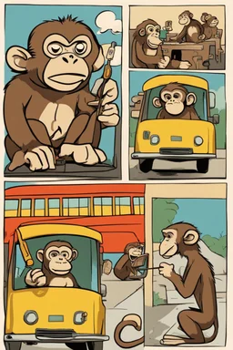 A monkey riding a bus, and a monkey using aa grill, a monkey going to work, and a monkey staying cool, in the art style of Pablo Picasso in a comic book format.