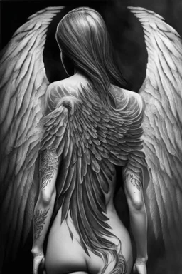 full body woman angel from back wings coming from her back, angel wearing long tunic ultra realistic tattoo