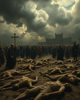 Bosch painting style, nightmare , a lot of people on the ground dead scared because of the The Black Death was a bubonic plague pandemic dead bodies , great quality picture with cinematic scenes , heavy clouds in the background