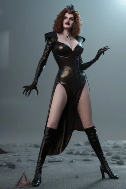 Rene Russo as evil queen in black leather gown, angry, busty, curvey, cleavage, unreal 5, octane render,cinema4d, dynamic lighting, dramatic lighting, 4k, redshift render, highly detailed, hyper realistic