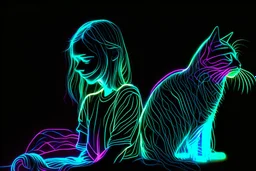 black background, outlines of a holographic contented girl with a cat drawn from thin neon-coloured glowing lines