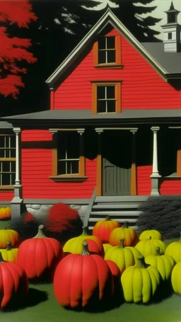 A grayish red witch's house with pumpkins painted by Andy Warhol