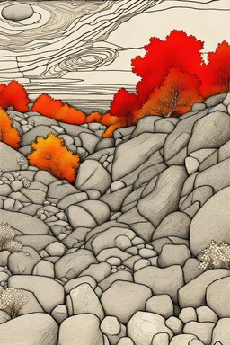 Autumn colors, peaceful, Egon Schiele, Max Ernst, night sky filled with galaxies and stars, rocks, trees, flowers, one-line drawing, sharp focus, 8k, deep 3d field, intricate, ornate, one million strokes