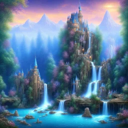 butterflies, turquoise river, waterfalls, fairy castle