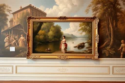 a classic painting on a musiume wall showing a lady standing next a river in coutry side with a luxury frame