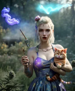 Ultra realistic wonderland photo, happy blonde woman smoking a shisha, blue dress, purple-cat friend, circus dress style, old school tattoo, smoke, marijuana garden, glow eyes, perfect iris, soft color, highly detailed, unreal engine 5, cinematic, ultra detail, volumetric lighting, high definition.