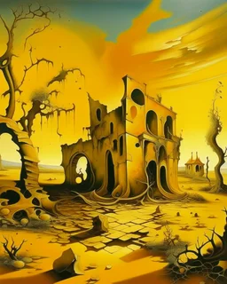 A golden yellow ruins in daylight painted by Salvador Dali