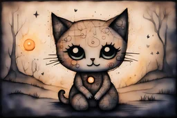 painted and burned burlap, moonlight, cute chibi kitten, styles of Paul Klee Dee Nickerson and Tim Burton, melting watercolor and black ink outlines on wet paper, soft, shading strokes, in candlelight, ethereal, otherwordly, cinematic postprocessing, bokeh, dof