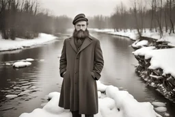 Warszawa 1920-1930, europian poor fit man age 25, looks at the camera at full height, old-fashioned. She has a beard. Warszawa 1920-1930, winter. Retro style full haight. White skin, in a river.