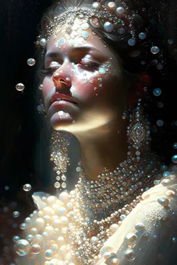 Lady covered in pearls and gems, a masterpiece by by Greg Rutkowski, beautiful spectacular textures, striking amazing light and shadows, remarkable dramatic setting, stunning unique reflections,