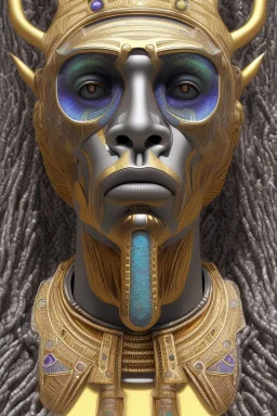 Aztec male African Egyptian alien, cracks in the voodoo head, wicked, eyes, crown, Elephant, 8k, finely detailed, photo realistic, tiger turquoise skull head gold dragon space alien snow skeleton gold hornytoad silver crown silver eyes