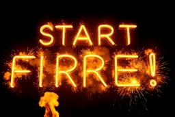 a very big yellow neon sign that say "START THE FIRE!" , black background, fires and sparks, fire explosion