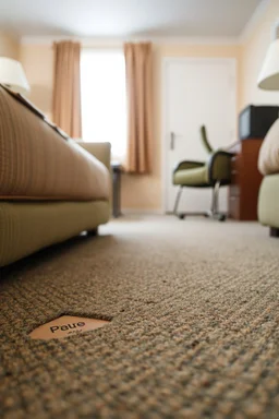 closeup of cheap motel room floor, furniture dents in carpet, showing where furniture had been moved from