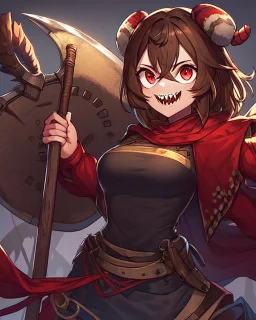 Black girl, brown hair and freckles on her cheeks, red eyes, has sharp teeth, wears a male battle outfit, has a large axe, hair covers one of her eyes, she is tall and strong