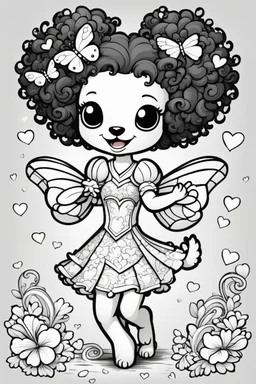 create a coloring page of a chibi puppy with a curly afro ponytails dancing around hearts and butterflies. she smiles while shes playing , black and white