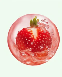 strawberry, orange, apple in water drops, transparent background