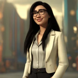 a portrait of smiling woman wearing ivory blazer with white shirt inside. long black hair, messy hair. light skin. black eye pupils. big nose. pear face shape. wearing small rectangle glasses. thick eyebrow. pixar style. 3D. 4k. portrait. highly detailed. sharp focus. high resolution. full color. cinema lighting