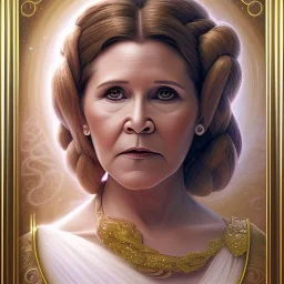 hyperspace background, complete and photo realistic detailed head to waist stunning photo realistic portrait of carrie fisher as Princess Leia in star wars with photo realistic updo hair by Mandy Jurgens and mucha and Richard Schmid and chuck close and chie yoshii, extraordinary and detailed ceremony dress of star wars,brown eyes