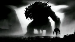 The described image presents an extremely horrifying scene with grayscale colors dominating the picture, creating a dark and eerie atmosphere. In this context, there is a massive, monstrous creature positioned prominently in the foreground of the image. This monster appears to be mythical and intensely frightening, characterized by its terrifying features and its colossal, imposing body that exudes immense power. When one looks at this monster, its face and eyes exhibit horrifying details, seem