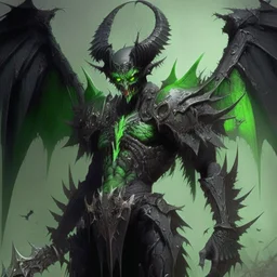 demonio de armadura verde y negro con alas negras tomando sangre