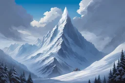 a snow-covered steep massiv mountain reaching into the clouds. On top of the mountain is one long needle thin tower. seen from the bottom of a valley. fantasy concept art, Mark Brooks and Dan Mumford, comic book art, perfect, smooth