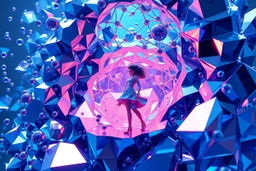 very complex 3d structure ,pretty viberating blue tema color environment 3d metalic and crystal recursive evolving and animating beveled geometric base very complex structure emiting bubbles that broke,pretty lady in sureal clothing of love in a pretty modern dress comes out dancing fast hip hop, viberating color moving very in modern city escap environment while camera tracking it.write in down screen 3d animating"Made in Qwen By:J.Babakan"