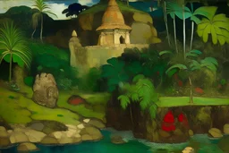A rocky castle with beautiful crystals and gems painted by Paul Gauguin