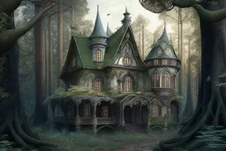 victorian fantasy house surrounded by forest