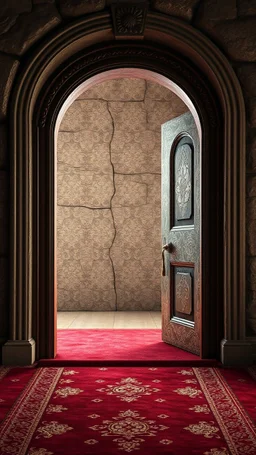 A magic door opening to one native a, high quality, high details , 8k, hyper realistic, magic style , burgundy color carpet in front