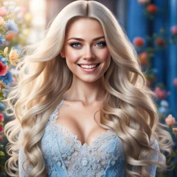 (best quality, 4k, 8k, highres, masterpiece:1.2), ultra-detailed, (realistic, photorealistic, photo-realistic:1.37),hyper realistic, full body gorgeous smiling 1woman,long hair,looking at viewer,realistic proportions,blue eyes,hair ornament,transparent lace dress,very long hair,flower,blonde hair,parted lips,necklace,white dress,blonde hair,lips,joyful pastel background,freckles,realistic,head wreath, pink flower,realistic portrait, dreamy fantasy landscape countryside,great pespective,crystal