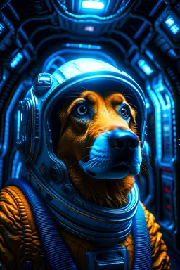 portrait of decisive dog space station commander in the style of giger, spray paint, photo realism, trending on art station, 8k, depth of field, down light, light rays, volumetric, white hall in spaceship, blue, brown and orange