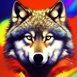 Wolf, red, orange, yellow, green, blue, purple, masterpiece, expert, 8K, hyperrealism, sharp focus, cinematic lighting