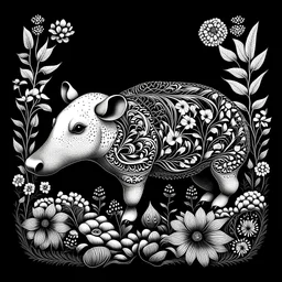 black and white. tapir between seeds and big flowers. black background. for a coloring.