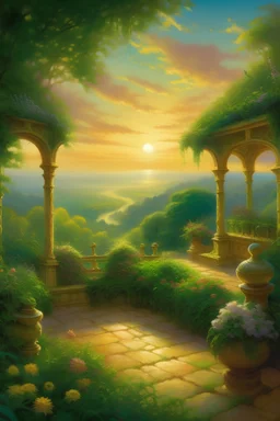 "Create an enchanting masterpiece capturing the magical harmony of a lush green terrace at sunrise, employing stable diffusion techniques to ensure clarity and depth that mesmerizes the viewer. Envision a scene where the first light of dawn gently caresses a verdant terrace garden, painting the landscape in a symphony of soft hues and vibrant greens. The sun, a radiant orb of gold, peeks over the horizon, casting long shadows and illuminating every leaf and petal with a warm, ethereal glow. Ne