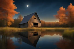 rustic Barn on banks of a still pond in a autumnal forest, bright harvest moon, by Brian Skerry, stunningly reflective, photorealistic, amazing details, HD, volumetric natural lighting, concept art, beautiful,