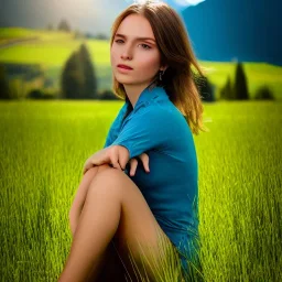 gorgeous young Swiss girl sitting standing in green field, mountain, sun, wearing blue shirt over, open arms, realistic eyes, unreal engine, photograph, realistic skin texture, photorealistic, hyper realism, highly detailed, 85mm portrait photography