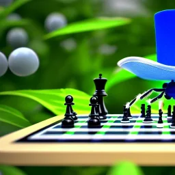 large hairy blue spider wearing a top hat and playing chess, photorealistic, blender render, wide angle lens, 4k, two birds, jungle,