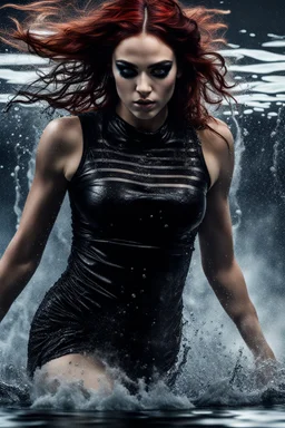 A beautiful Goth girl, dark black makeup, dark under eyes, auburn hair with black stripes, action image of her braking water surface, freedom, dramatic, highly detailed, 8k, abstract