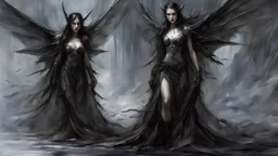 Demonic Elves with Wings, Luis Royo Style, Full Body Shot, Hyperrealistic, Photorealistic, Instant Details, darkness, by Raymond Swanland & Alyssa Monks & Anna Razumovskaya