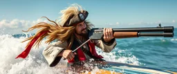 pirate shotgun mozart with wig, looking hot and crazy on a surfboard