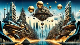 a stunningly weird image of a futuristic metropolis using Salvador Dali's paranoiac-critical method, where buildings and structures appear to melt into the skyline cityscape is filled with floating balls and triangles and mad, twisted sharp metal shapes that interact with the buildings and each other, forming a surreal tableau of a dreamlike reality. neu-steampunk vibe, essence of the scene in a cinematic manner, with dramatic shadows that enhance the distorted perspectives and bizarre