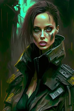 Angelina jolie in militiary general cyberpunk style